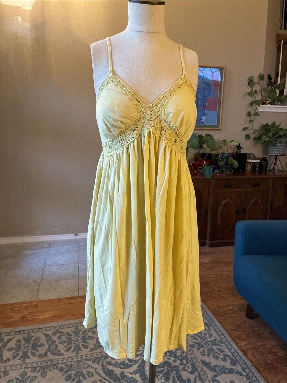 Bobi Babydoll Yellow Festival Midi Cotton Rouched Sun Dress Sz Med Boho Western